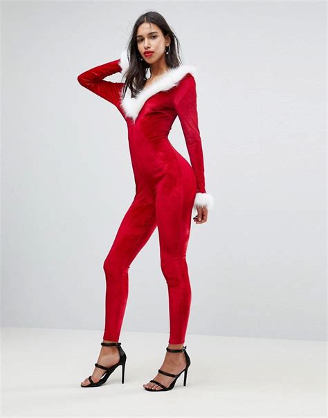 Club L Sexy Santa Holidays Catsuit With Faux Fur Trim Red Jumpsuits For Women Sexy