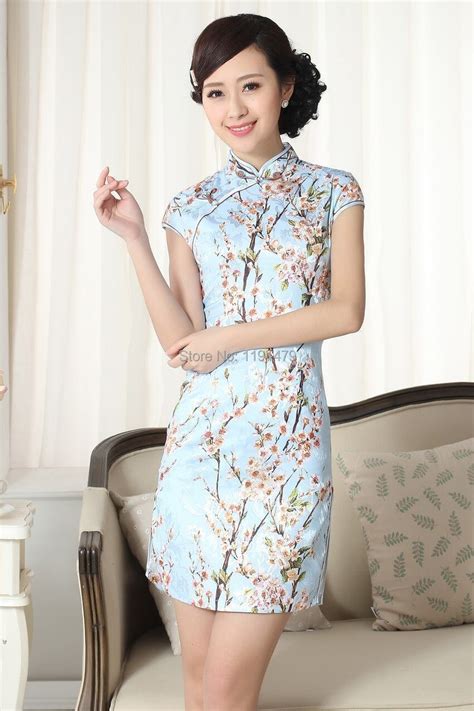 Buy Chinese Womens Cotton Mini Dress Cheongsam Light Blue Size S M L Xl Xxl