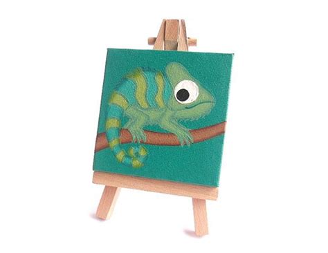 A Cute Green Chameleon Sitting On A Branch Original Mini Painting By