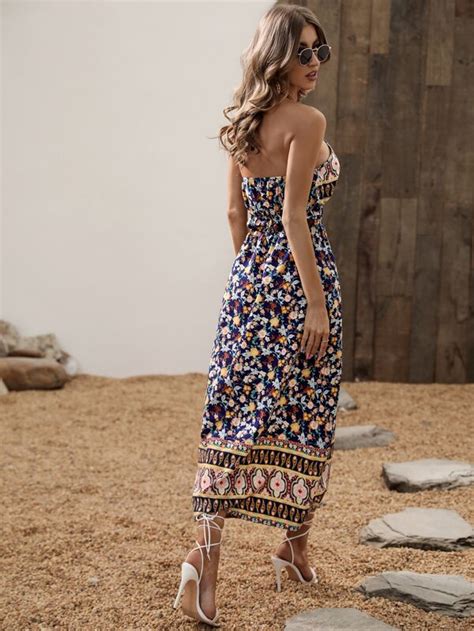 Floral And Paisley Print Cut Out Backless Halter Dress Shein Usa