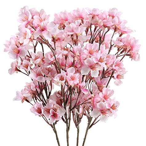 Ho2nle 4pcs Artificial Flowers Branches Faux Silk Cherry Blossoms Stem