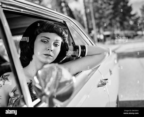 Beautiful Girl Sits Inside The Old Dodge 70s Style Theme Black And