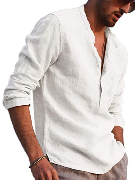 Cotton Linen Henley Shirt For Men Loose Fit Long Sleeve Casual T Shirt