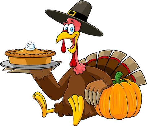 Premium Vector Happy Thanksgiving Turkey Pilgrim Cartoon Characters Sitting Holding A Pumpkin Pie