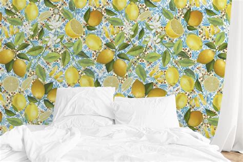 Mediterranean Tiles And Fruits Wallpaper Happywall Gray Turquoise