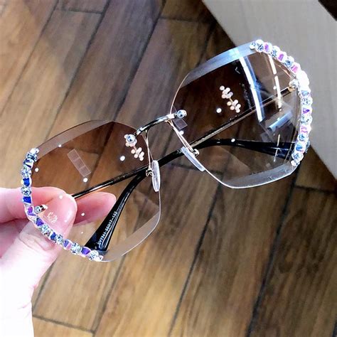 buy women rhinestone brand design 2020 fashion vintage oversized sunglasses rimless sunglasses
