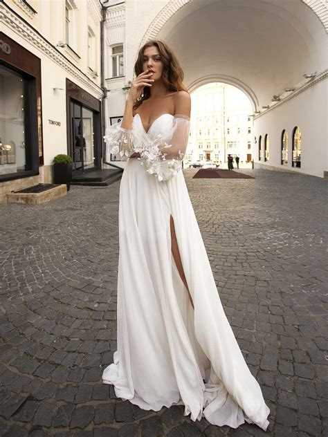 Chiffon Wedding Dress With Off The Shoulder Bishop Sleeves And High Leg Slit