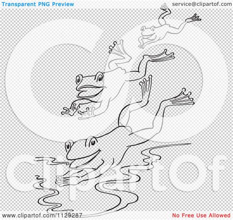 Cartoon Clipart Of An Outlined Trio Of Frogs Jumping Into