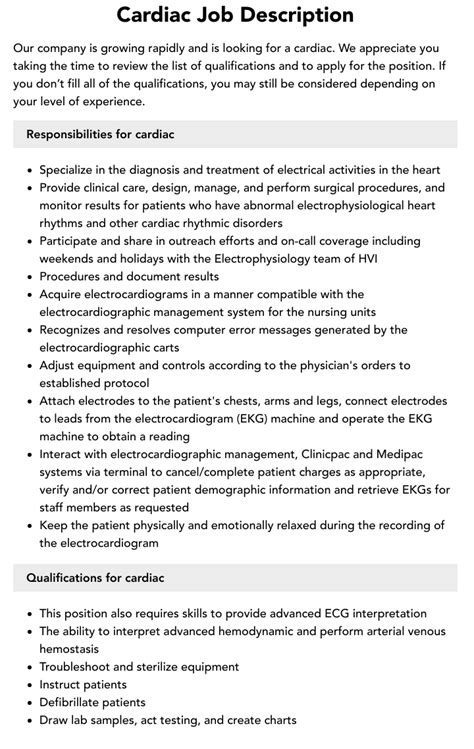 Cardiac Job Description Velvet Jobs