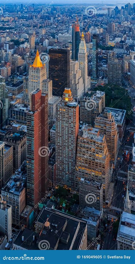 Sunset Aerial View Of Iconic Skyscrapers Of New York Midtown Manhattan