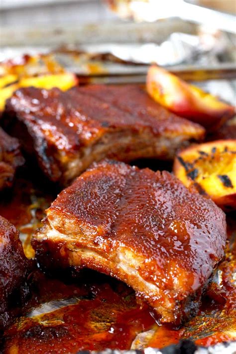 Bbq Ribs In The Oven With Bourbon Peach Bbq Sauce Lemon Blossoms