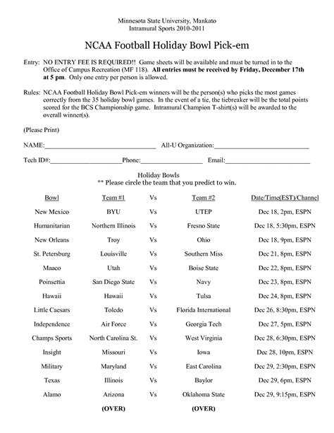 College Football Bowl Pickem Printable Sheets