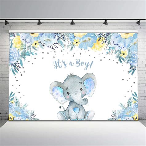 Avezano Boy Elephant Baby Shower Backdrop Blue And Yellow Flower Silver