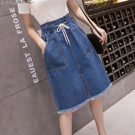 Vintage Elastic Waist Woman Jeans Skirt 2020 Summer Drawstring Big