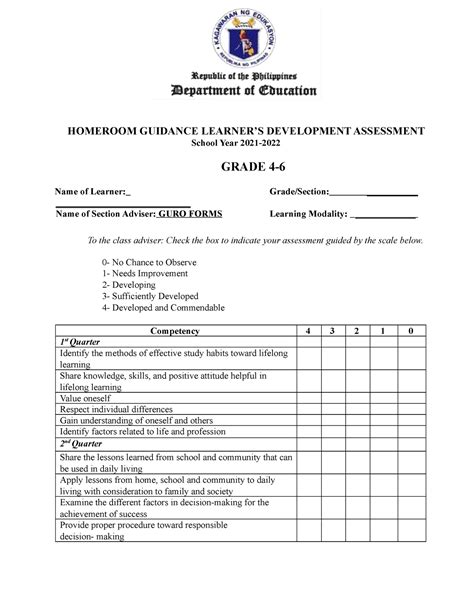 Homeroom Guidance Learners Development Assessment Intermediate Docx