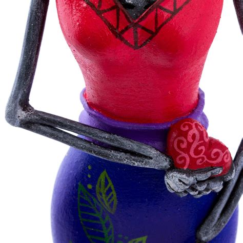 Hand Painted Ceramic Catrina Sculpture In Lapis And Crimson Loving