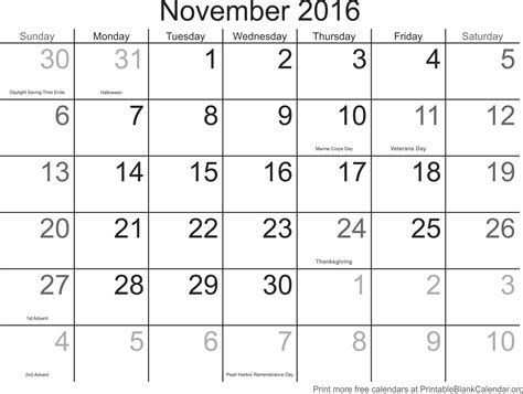 November 2016 Montlhy Calendar Printable Blank