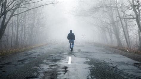 Lonely Man Walking In Fog Away Road Rural Landscape With Road In