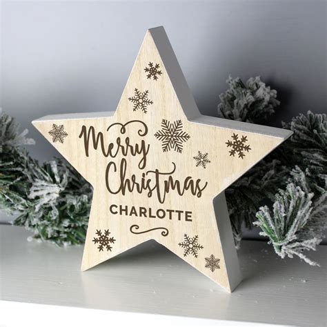 Personalised Merry Christmas Rustic Wooden Star Decoration T