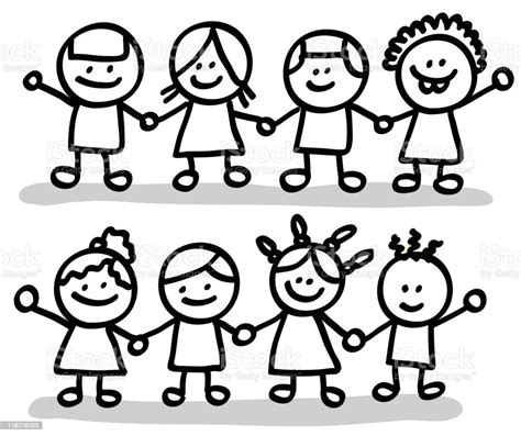 Happy Children Friends Group Holding Hands Cartoon Illustration Stock