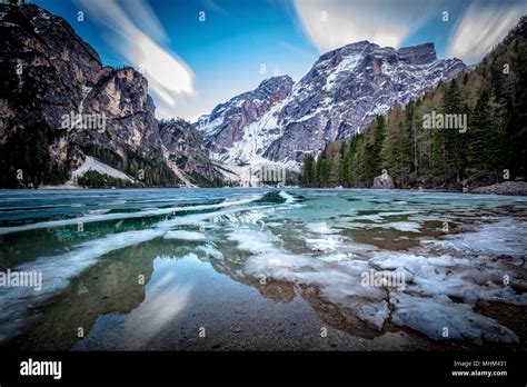 Partial Freeze Braies Lake Italian Alps Stock Photo Alamy