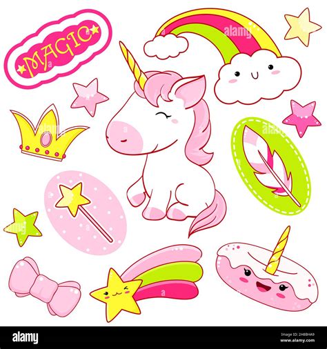 Set Of Cute Unicorns Stickers In Kawaii Style Unicorn Rainbow Donut