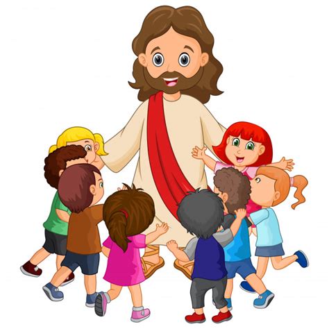 Dibujos Animados De Jesucristo Con Niños Vector Premium
