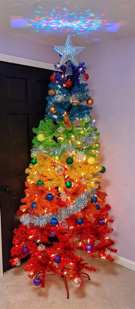 Just Finished Putting Up Ornaments On My Rainbow Christmas Tree The