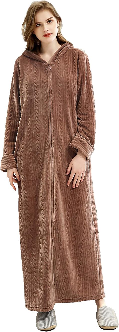 Rich Bamboo Long Hooded Zipper Bathrobe For Womens Flannel Fleece Robes
