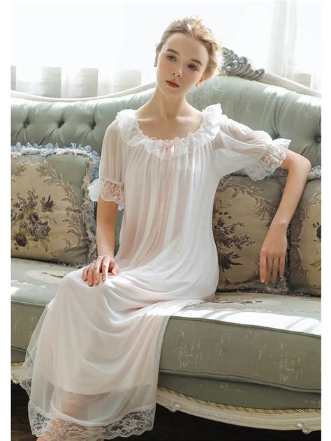 Womens Sleepwear Sexy Long Nightwear White Lace Vintage Princess Dress Medieval Nightgown