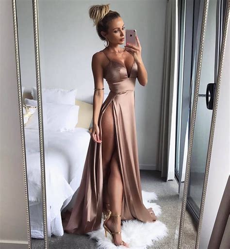 Elastic Satin Concise Long Party Gowns Spaghetti Straps Deep V Neck Hot Evening Dresses On Luulla