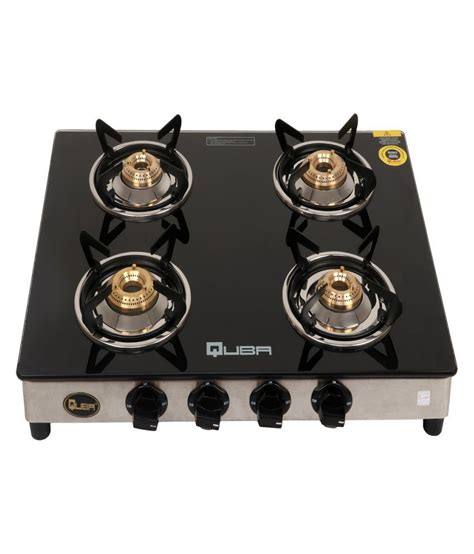Quba 4 Burners Gas Stove With Glass Top And Powder Coated Mild Steel Body With Pure Brass Burners