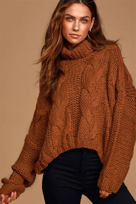 Morning Snowfall Rust Brown Cable Knit Cropped Sweater Sweaters Knit Turtleneck Sweater