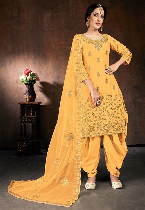 Embroidered Cotton Punjabi Suit In Mustard Kch5909