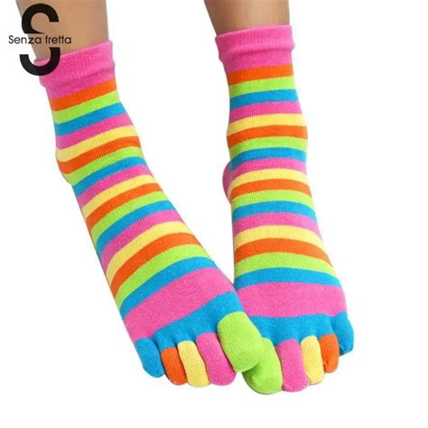 Colorful Striped Five Finger Toe Socks Women Girls Fashion Rainbow Socks Rainbow Stiped Toe