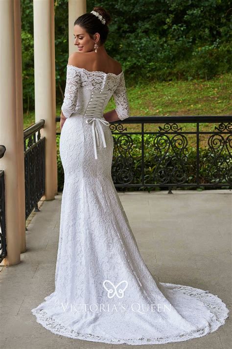 Shop tea wedding dresses in vintage & 1950s styles. 3/4 Sleeve Off-shoulder White Lace Mermaid Wedding Gown - VQ