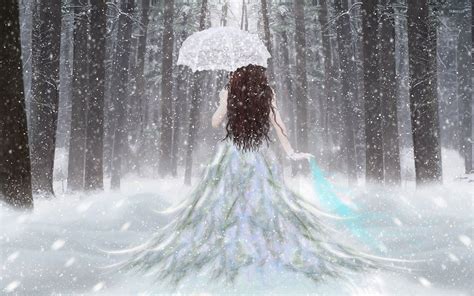 Princess With An Umbrella In The Snow Wallpaper Fantasy