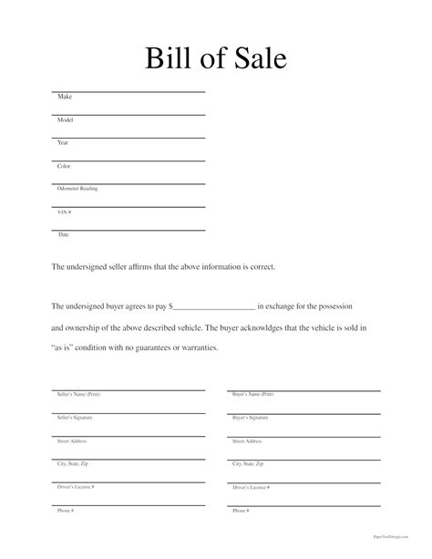 Free Printable Bill Of Sale Template Paper Trail Design Bill Of