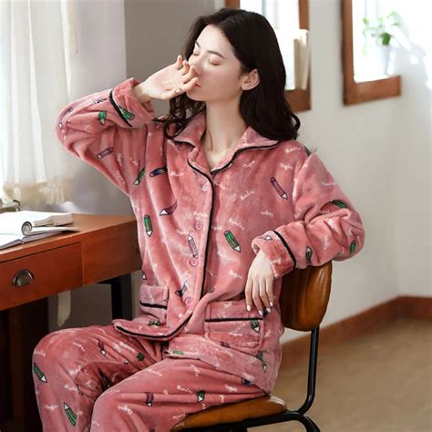 women sleepwear long sleeve pajamas set coral velvet tops pants nightwear m 2xl high end fashion