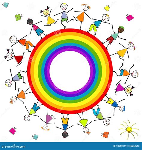 Stilisiert Kinder Um Einen Regenbogen Vektor Abbildung Illustration