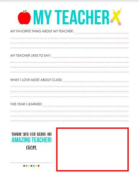 All About My Teacher Printable Teacher Appreciation Notes Teacher