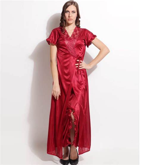Buy Lovely Cherry Red Satin Nighty With Robe Online At Best Prices In