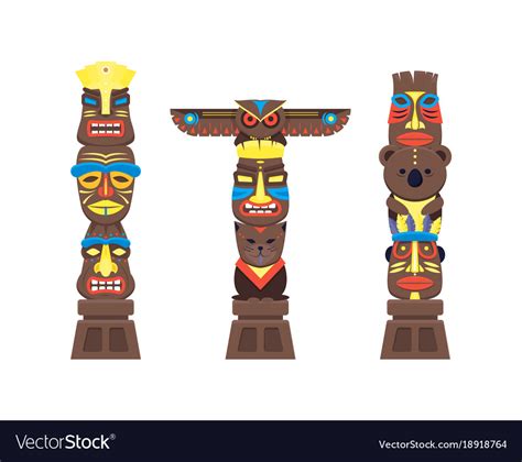 Cartoon Traditional Religious Totem Color Columns Vector Image