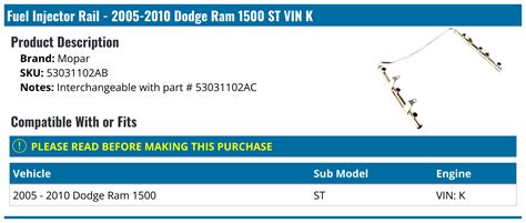 2005 2010 Dodge Ram 1500 Fuel Injector Rail Mopar 53031102ab