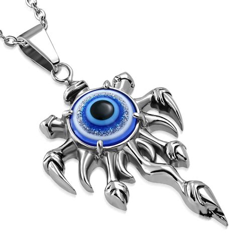 Stainless Steel Blue Gothic Evil Eye Mens Pendant Necklace