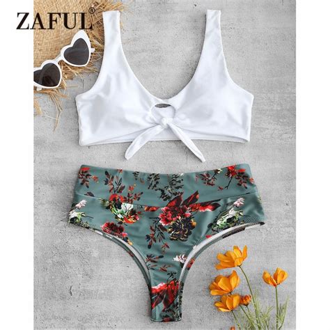 Zaful Floral Knotted Bikini Set Swimwear Women High Waist Swimsuit