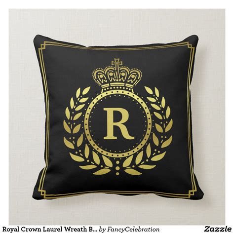 Royal Crown Laurel Wreath Black Gold Monogrammed Throw Pillow Zazzle