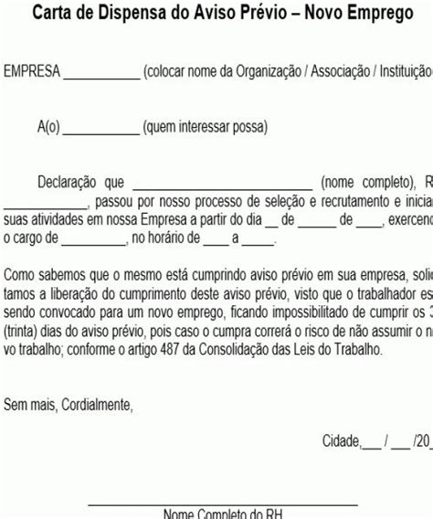 Carta De Novo Emprego Dispensa Aviso Pr Vio