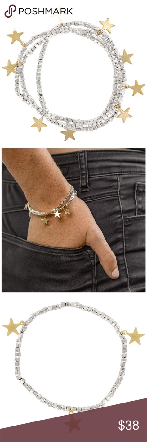 Silver Beaded Star Charm Stretch Bracelet Set 3 Star Charms