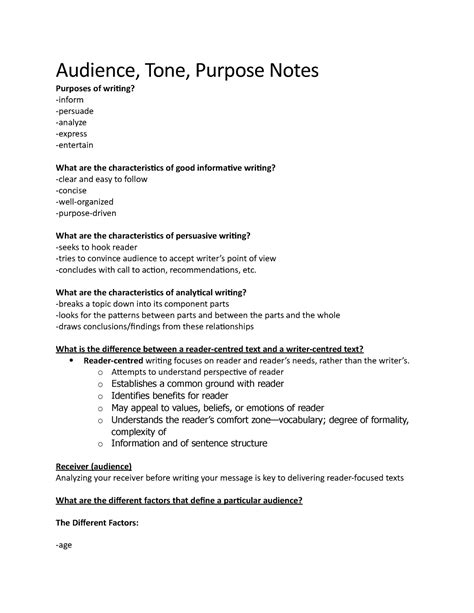 Lecture Notes Audience Tone Purpose Notes Audience Tone Purpose